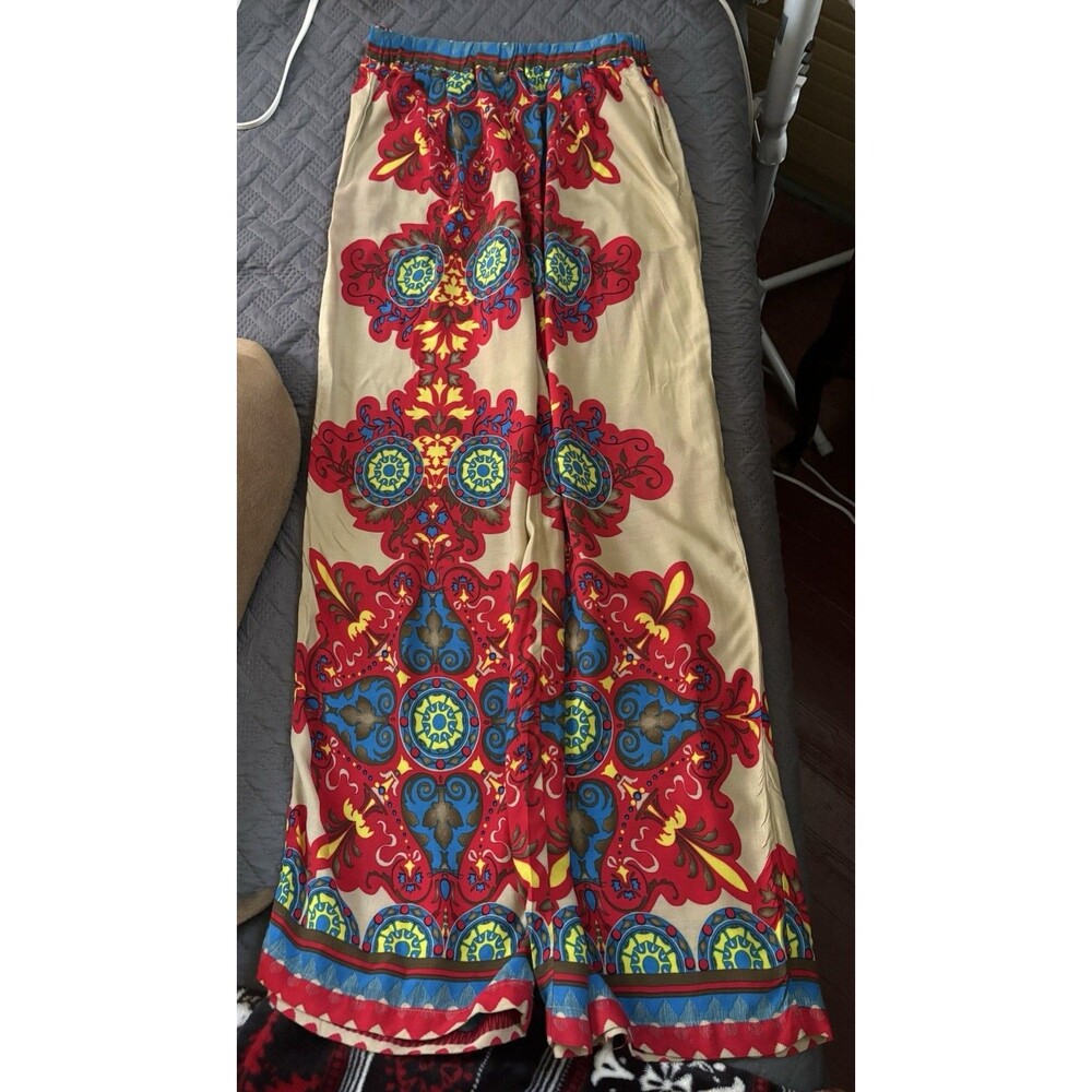 Umgee Womens Sz M Boho Hippiecore Wide Leg Pants Palazzo Retro Pull On